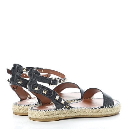 Valentino Garavani Grained Calfskin Rockstud Ankle Strap Espadrille Flat Sandals 37 Black 4 of 9