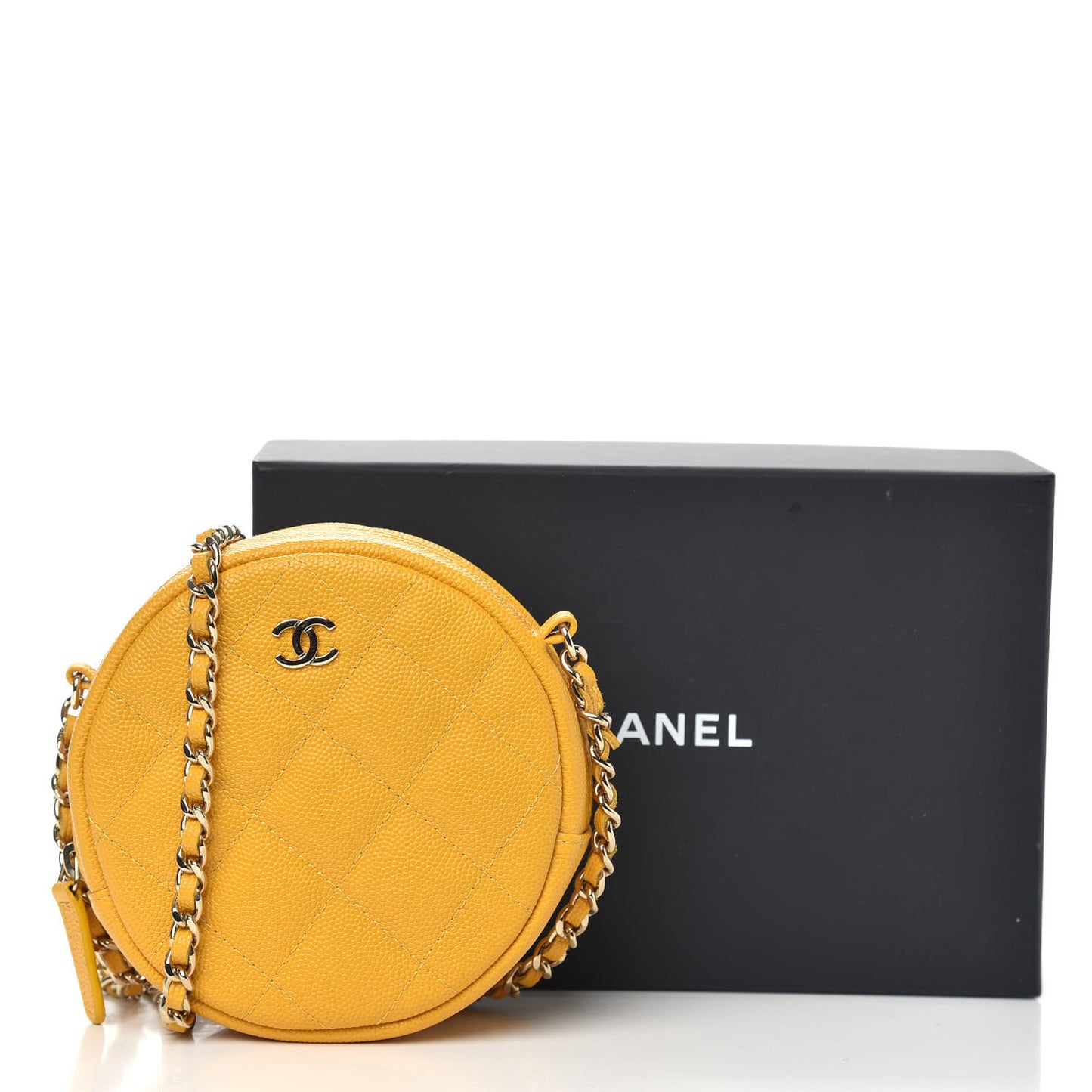Caviar Quilted Round Clutch With Chain Yellow