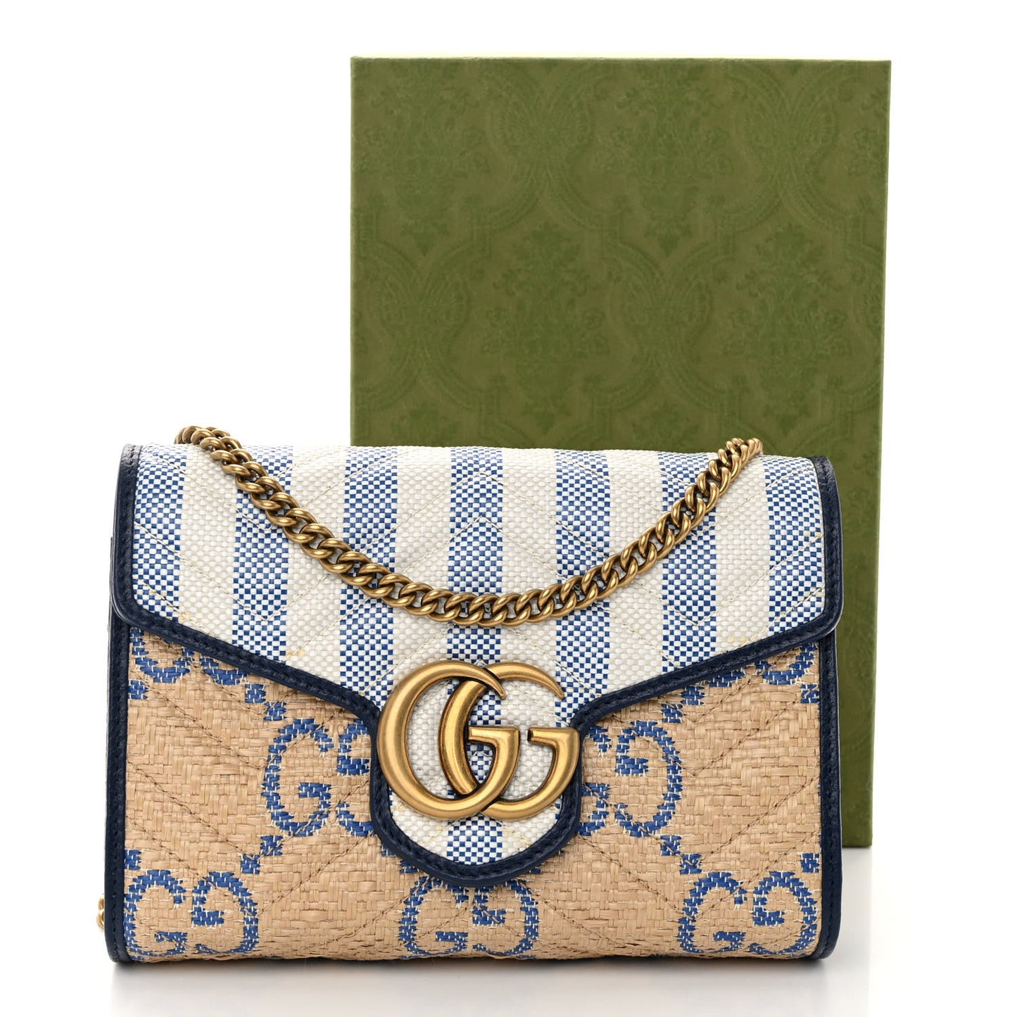 Raffia GG Monogram Matelasse GG Marmont Chain Wallet Mystic White Royale Natural