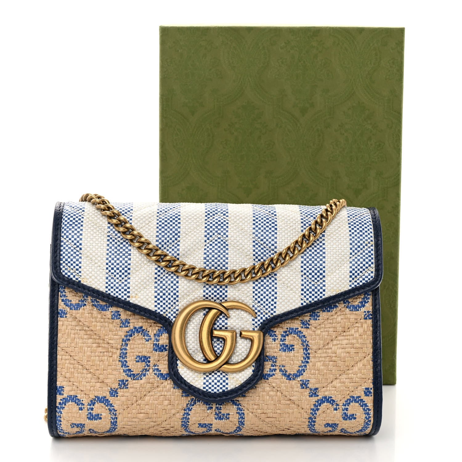 Gucci Raffia GG Monogram Matelasse GG Marmont Chain Wallet Mystic White Royale Natural 11 of 11