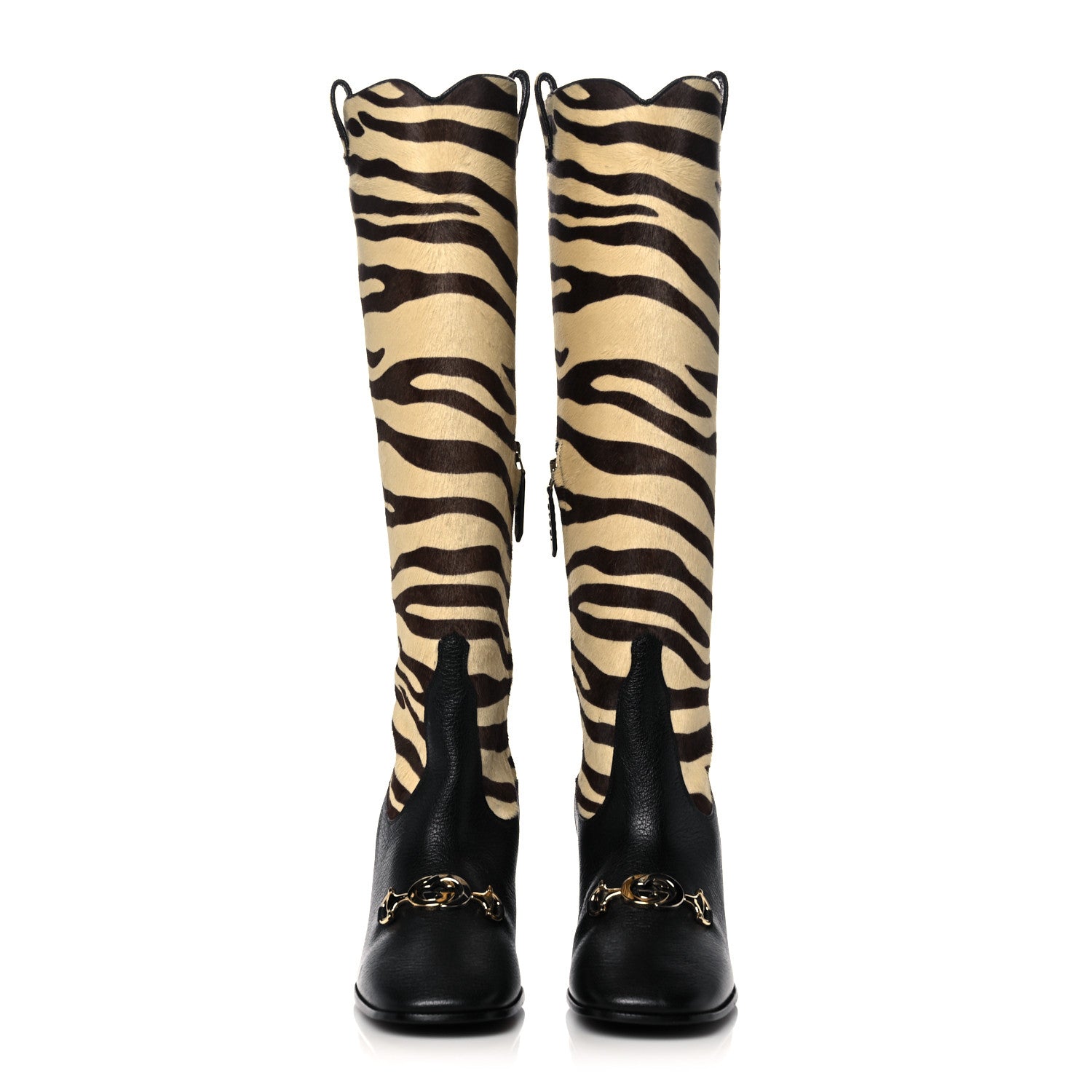 Gucci Calf Hair Wrinkled Kid Tiger Print Zumi Knee Boots Natural Black 2 of 8