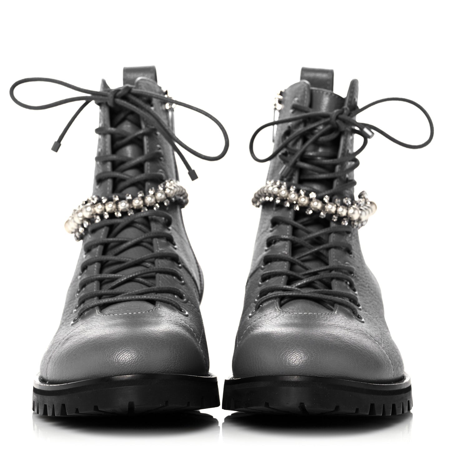 IMMY CHOO Grained Goatskin Pearl Crystal Embellished Cruz Combat Boots 38.5 Grey