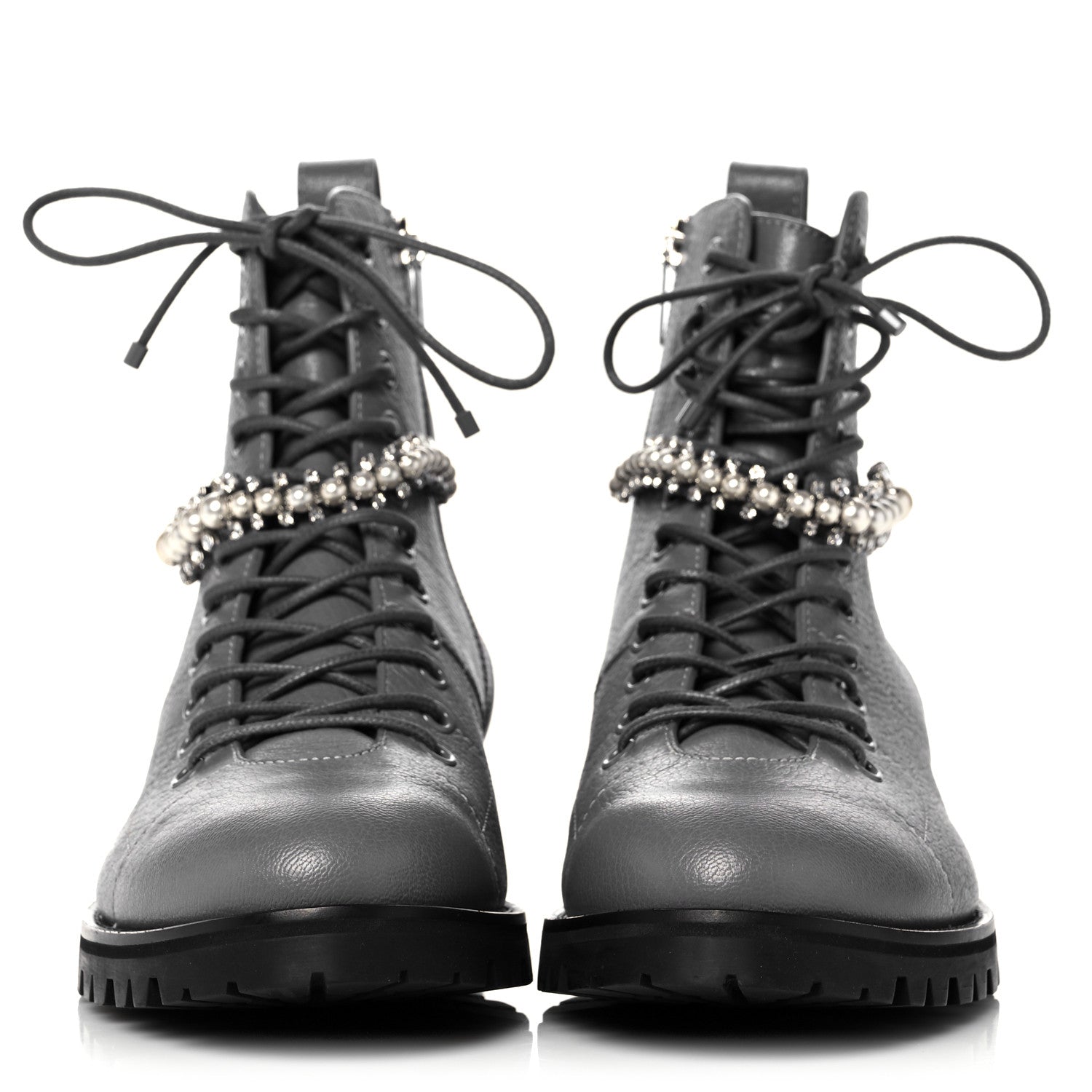 Jimmy Choo IMMY CHOO Grained Goatskin Pearl Crystal Embellished Cruz Combat Boots 38.5 Grey 2 of 14
