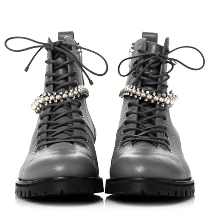 Jimmy Choo IMMY CHOO Grained Goatskin Pearl Crystal Embellished Cruz Combat Boots 38.5 Grey 2 of 14