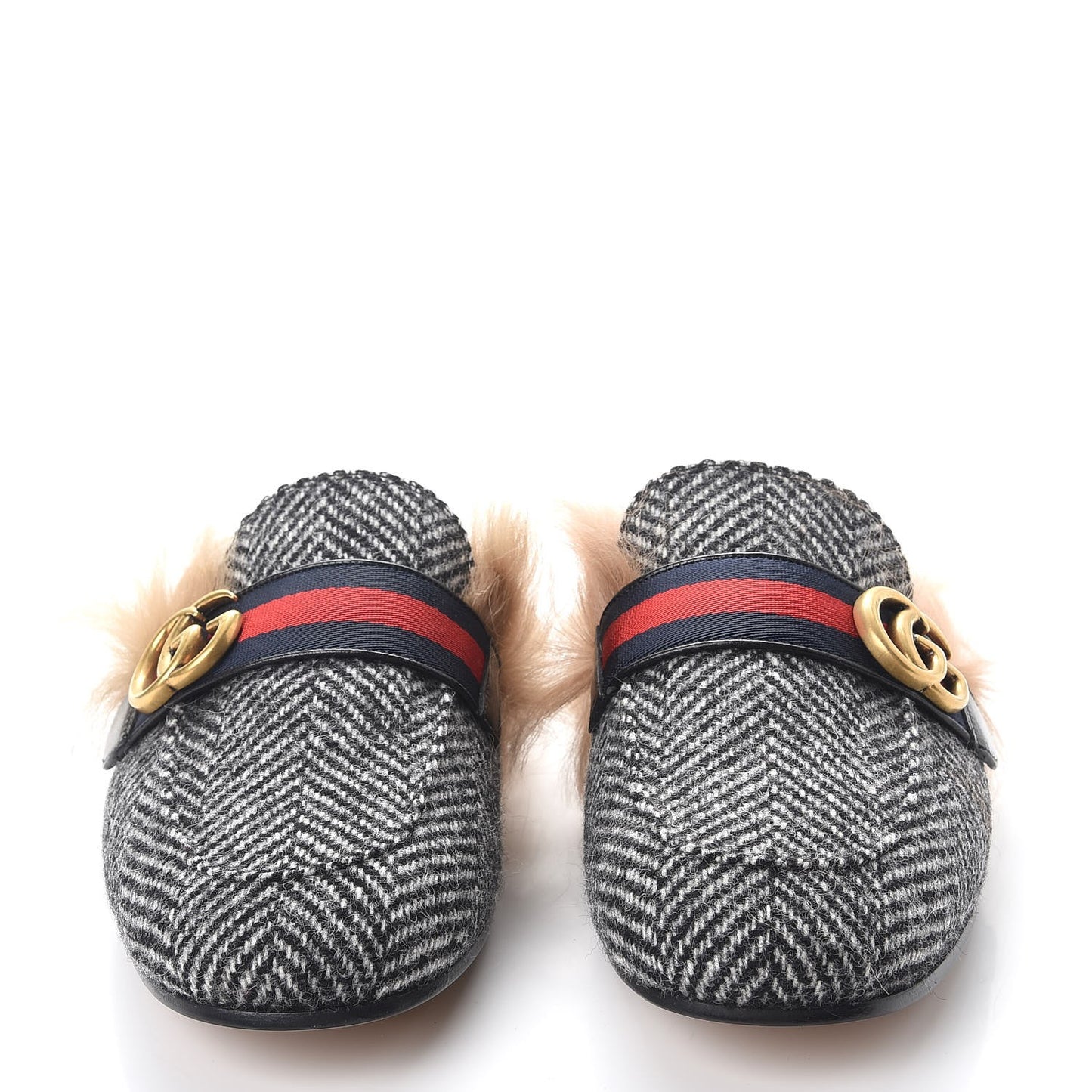 Herringbone Fur Web GG Mens Princetown Slippers 7 Black White
