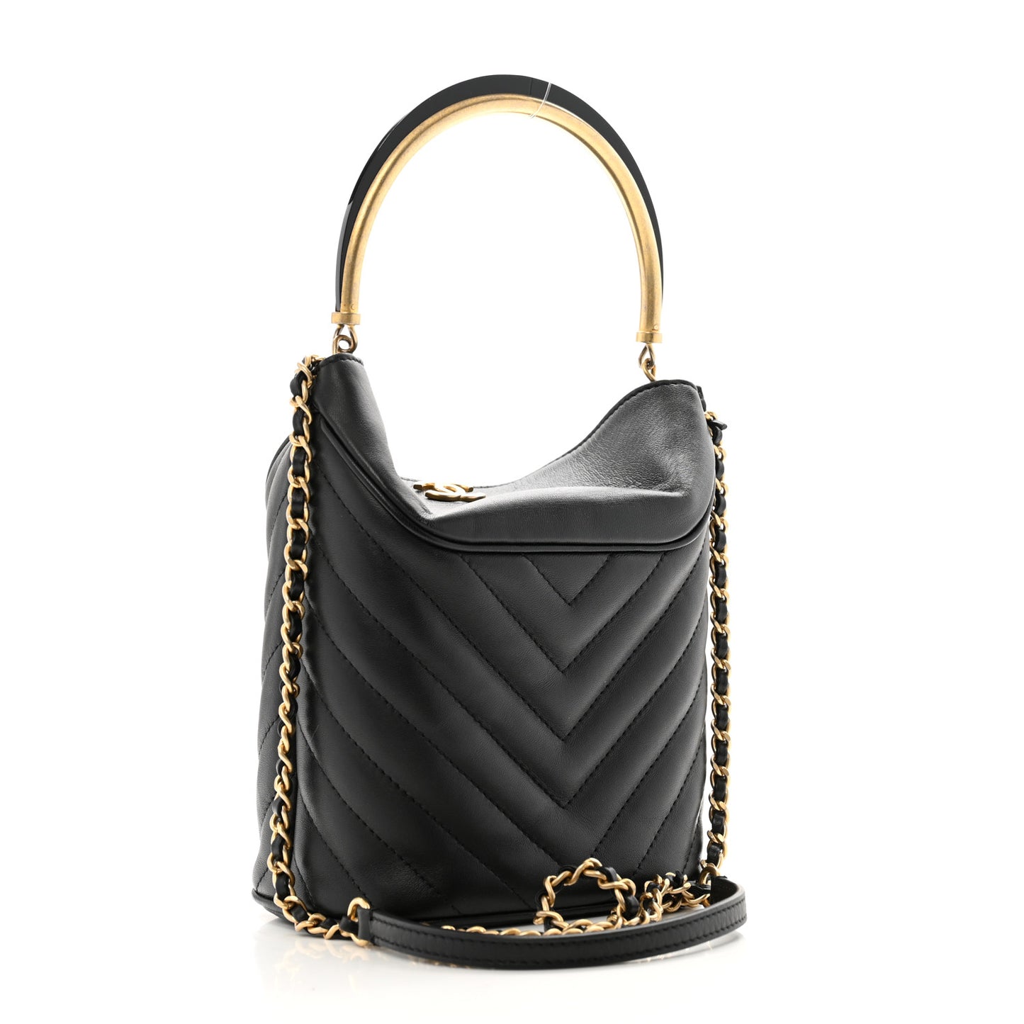 Lambskin Chevron Quilted Handle With Chic Bucket Bag Black