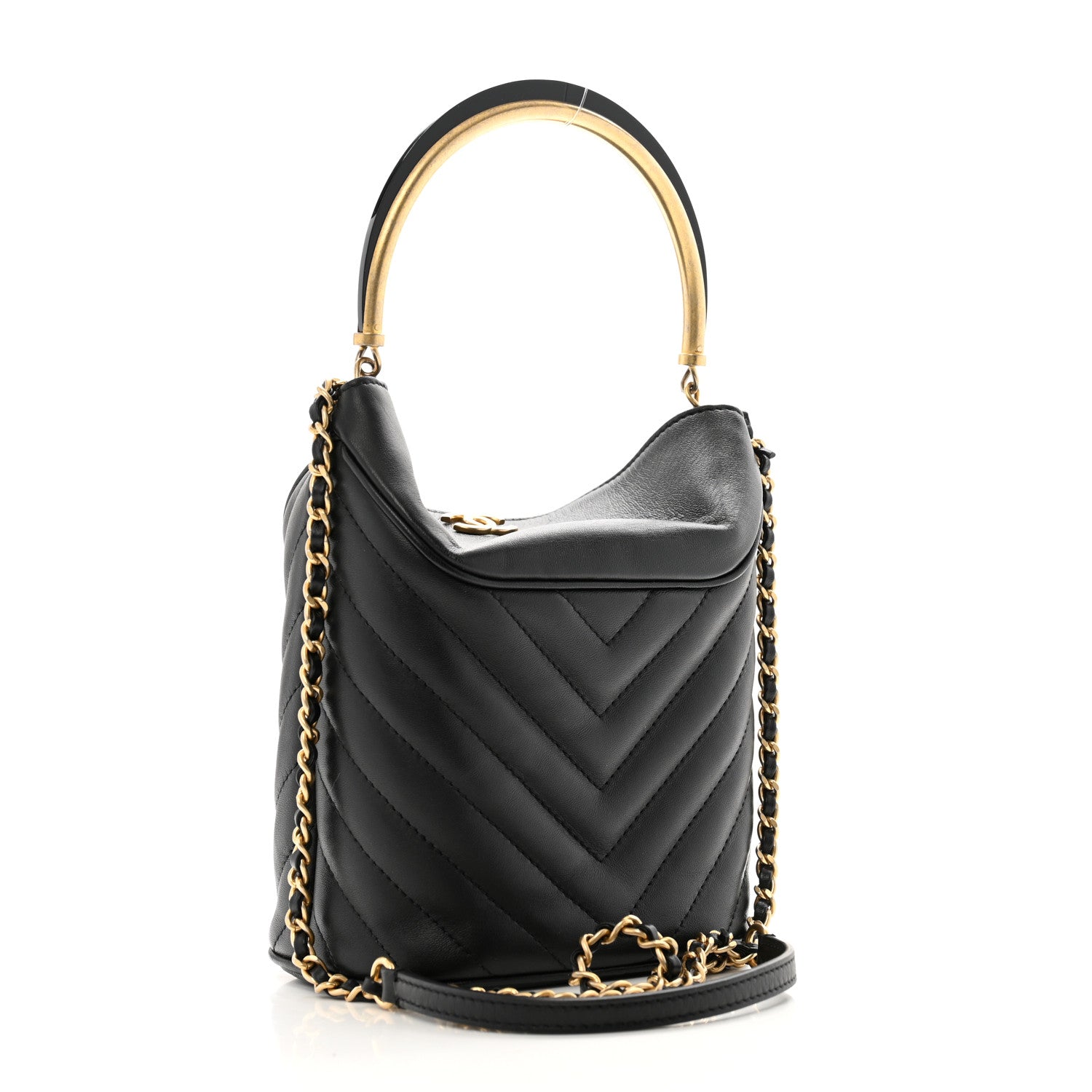 Chanel Lambskin Chevron Quilted Handle With Chic Bucket Bag Black 3 of 11
