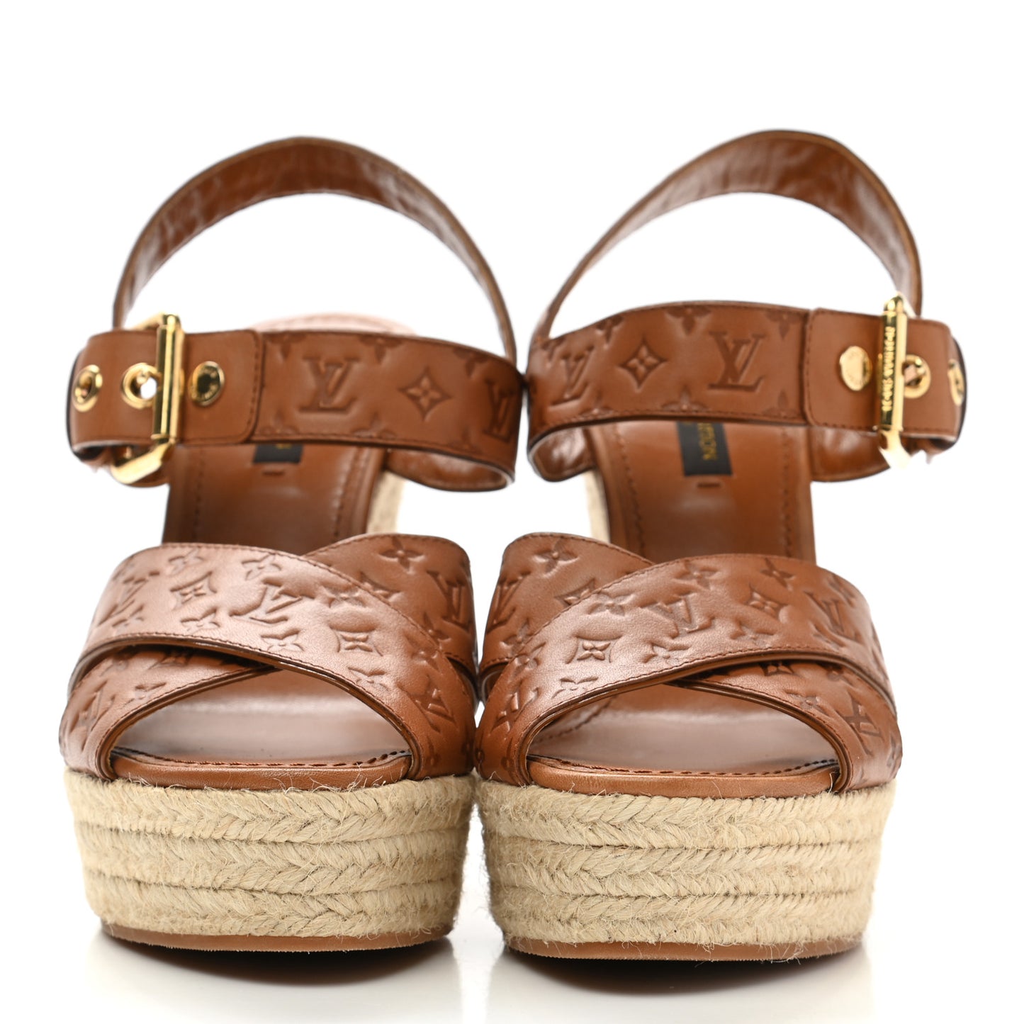 Calfskin Monogram Embossed Espadrille Wedge Sandals 36.5 Cognac
