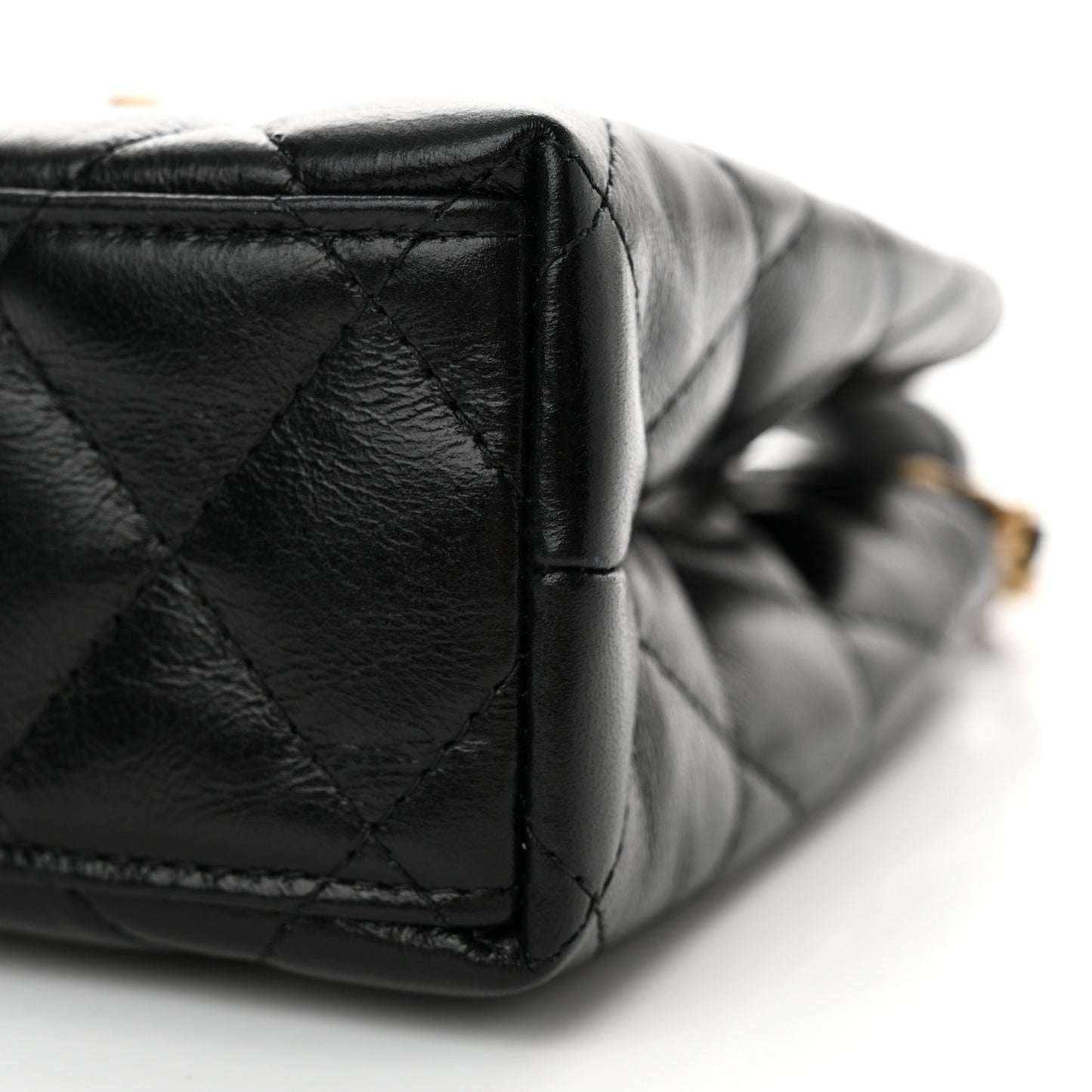Shiny Aged Calfskin Quilted Nano Kelly Shopper Black