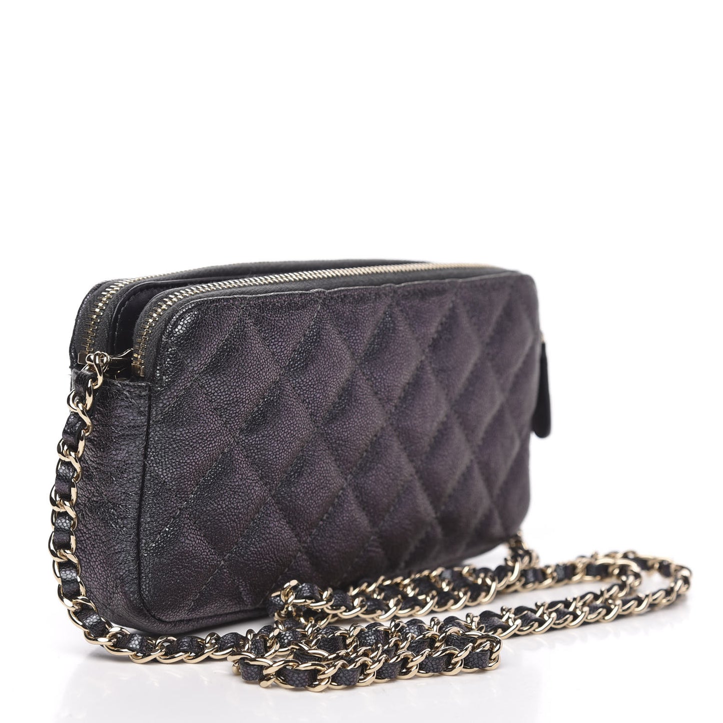Iridescent Caviar Quilted Clutch With Chain Black