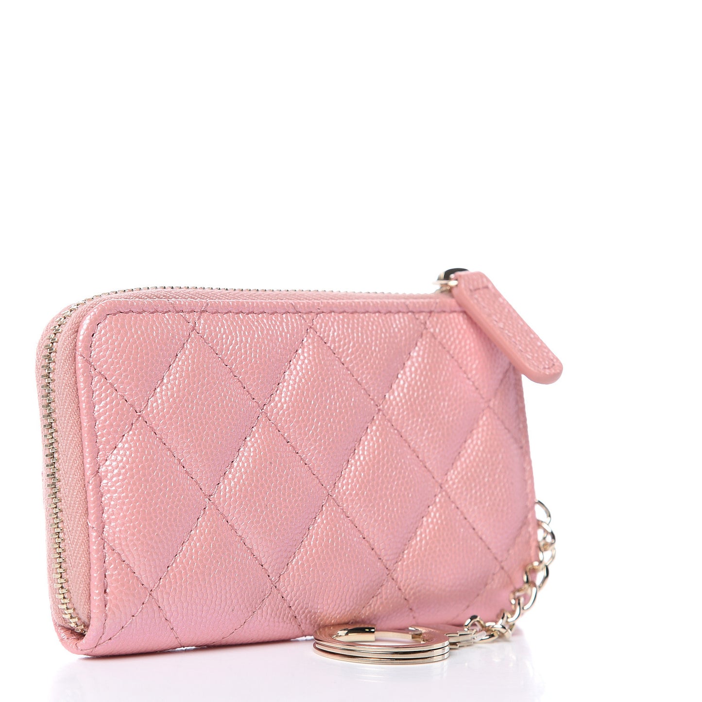 Iridescent Caviar Quilted Zipped Key Holder Case Rose Pink