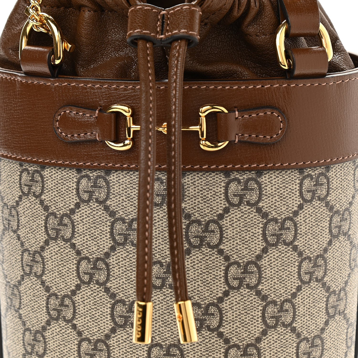Gucci GG Supreme Monogram Azalea Sakai Calfskin Small Horsebit 1955 Drawstring Bucket Bag Beige Ebony Brown Sugar 8 of 10