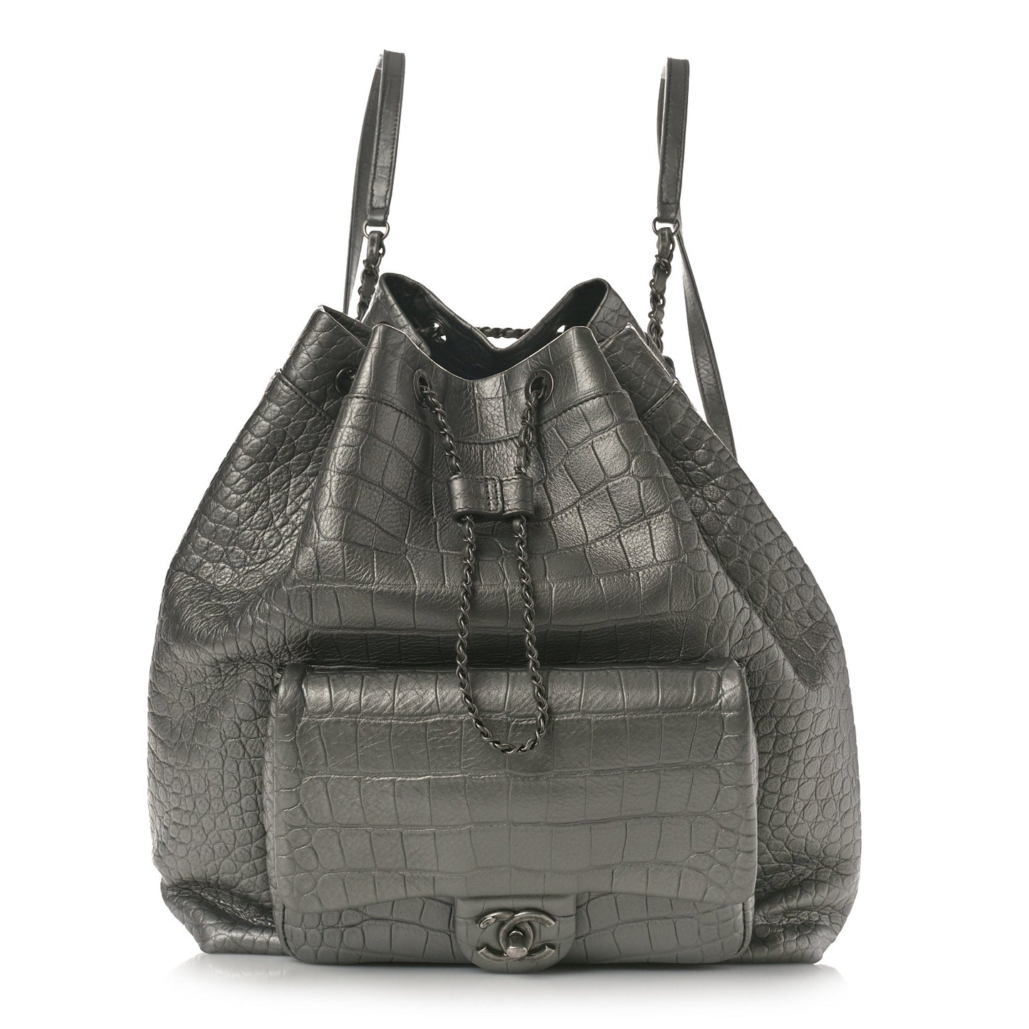 Metallic Calfskin Crocodile Embossed Large Backpack Silver