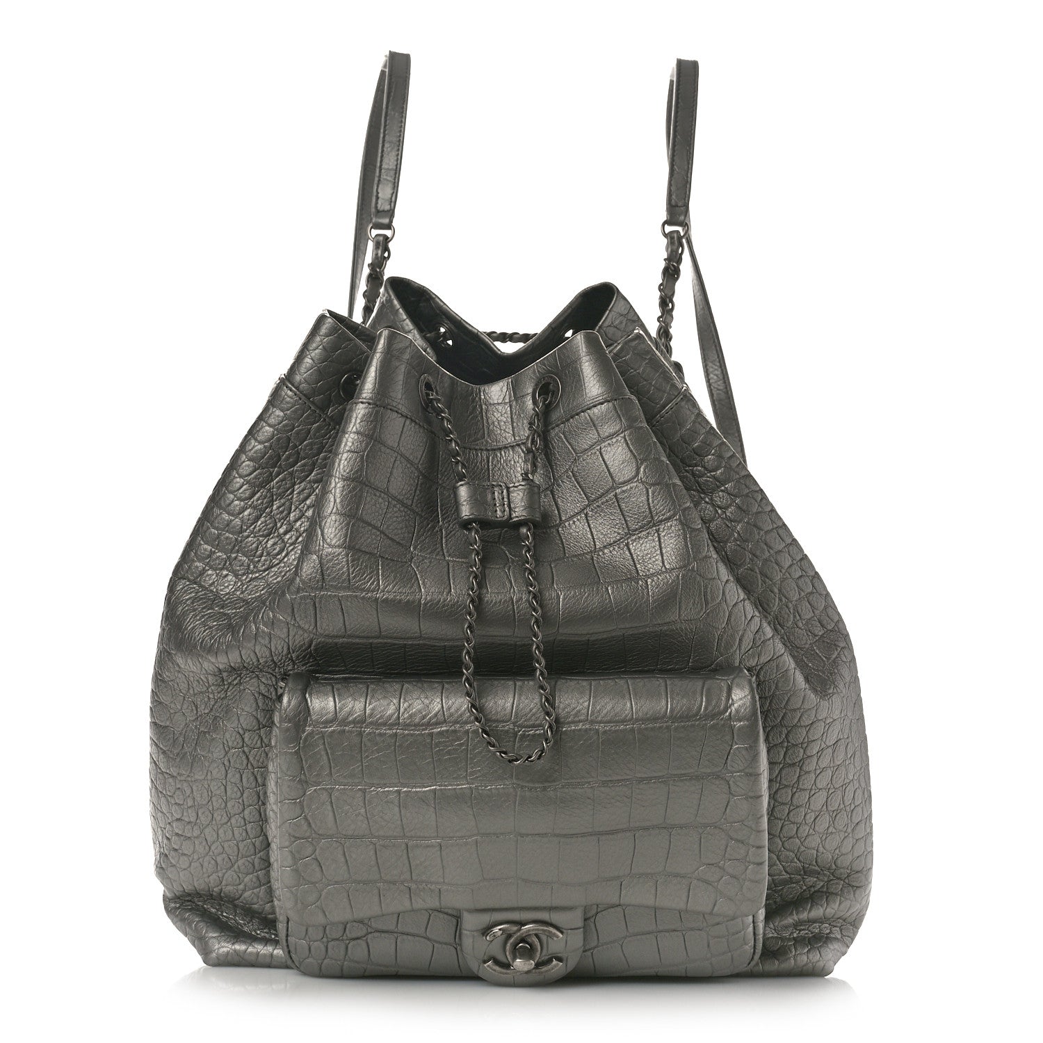 Chanel Metallic Calfskin Crocodile Embossed Large Backpack Silver 1 of 9