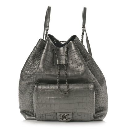 Chanel Metallic Calfskin Crocodile Embossed Large Backpack Silver 1 of 9