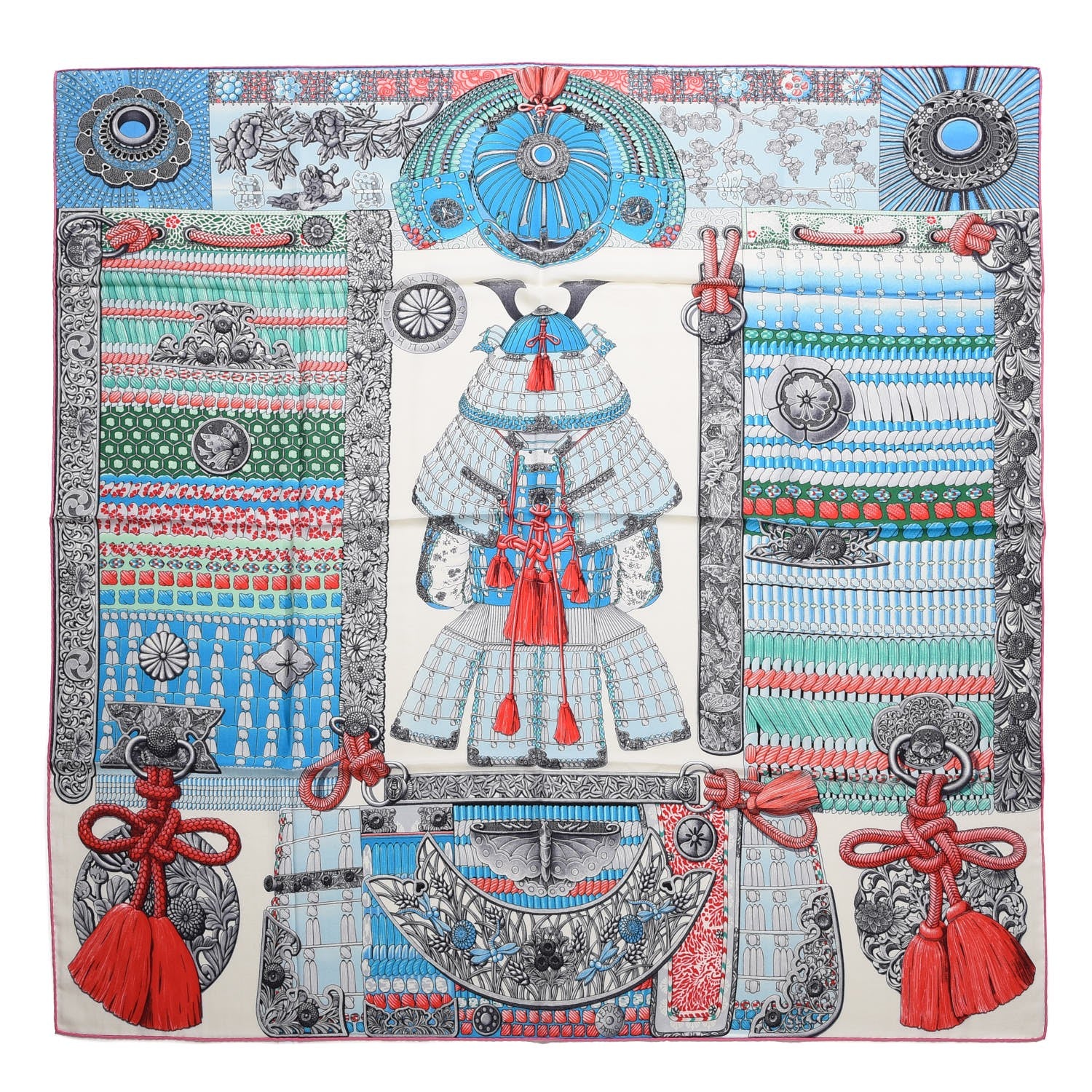 Hermes Cashmere Silk Parures De Samourais Shawl 140 Blanc Turquoise Vert 1 of 6