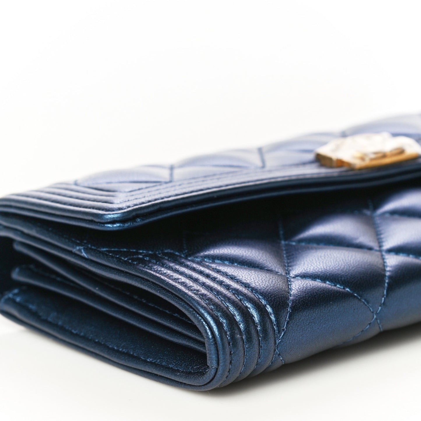 Metallic Lambskin Quilted Large Boy Gusset Flap Wallet Blue