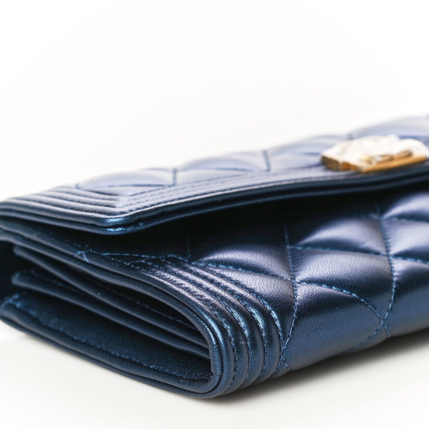 Chanel Metallic Lambskin Quilted Large Boy Gusset Flap Wallet Blue 10 of 19