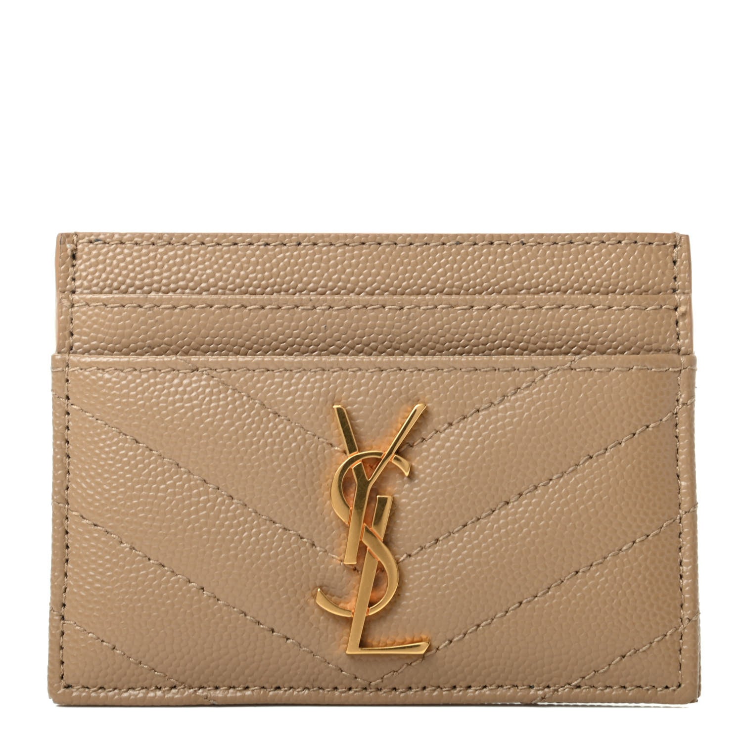 Saint Laurent Grain De Poudre Matelasse Chevron Monogram Credit Card Case Dark Latte 1 of 6