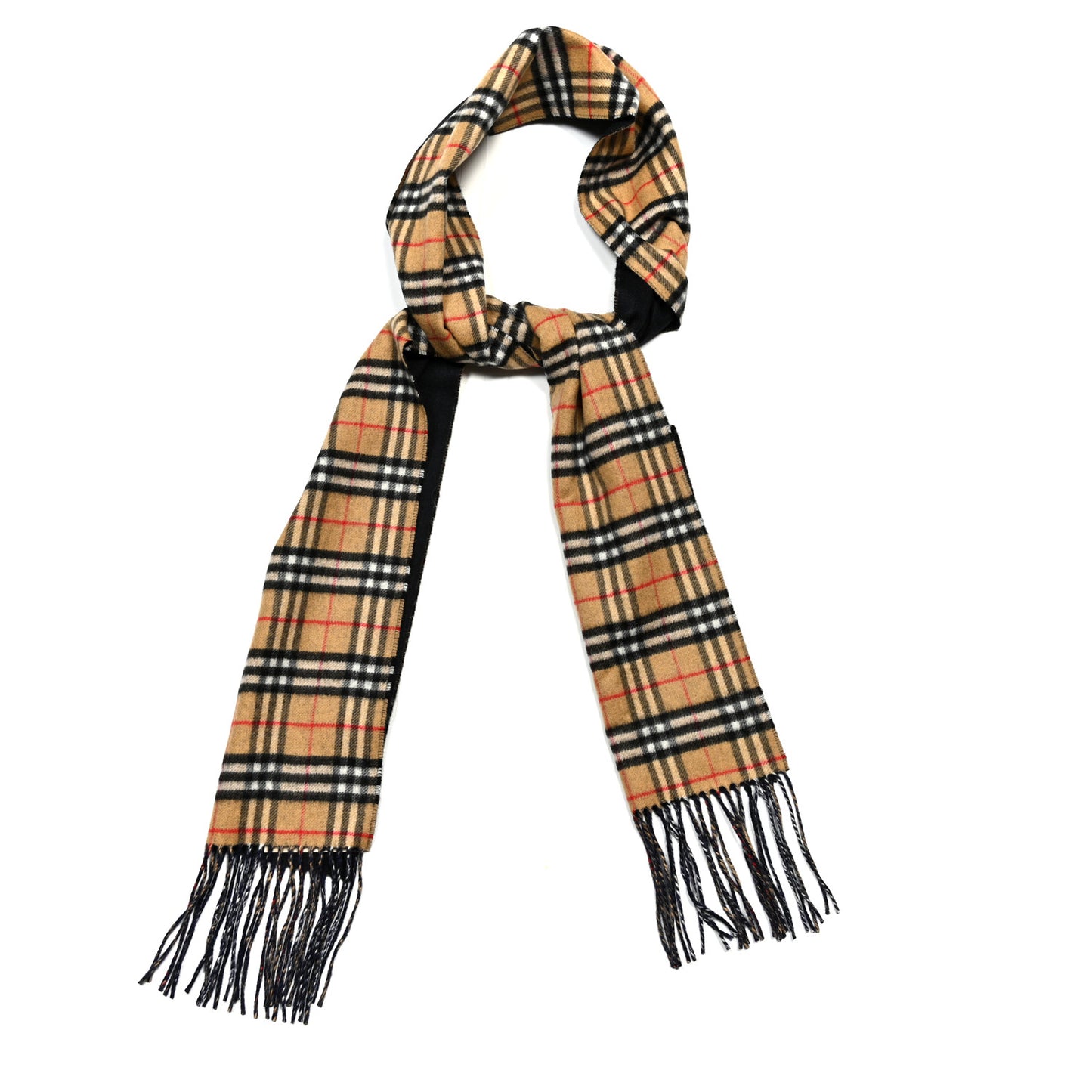 Wool Cashmere Reversible House Check Fringe Scarf Camel