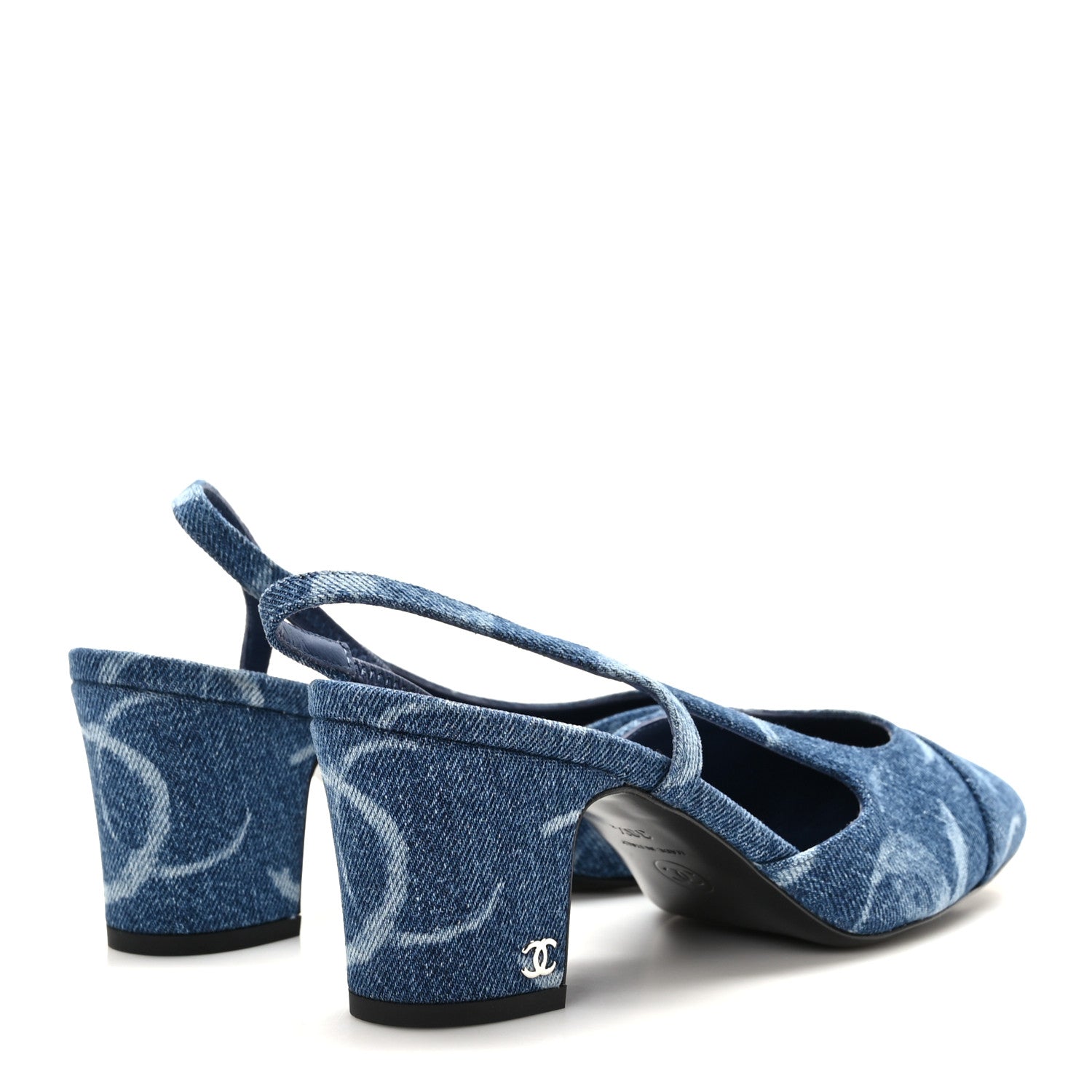 Chanel Printed Denim Cap Toe CC Slingback Pumps 38.5 Dark Blue White 4 of 9