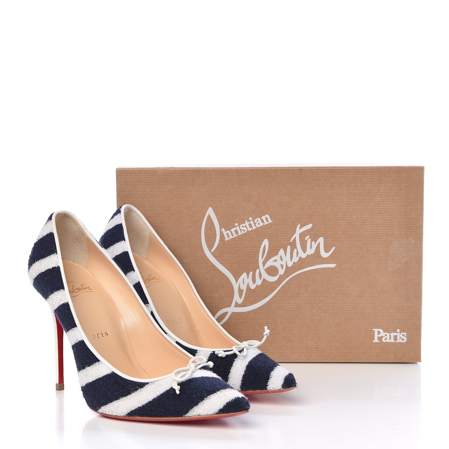 Christian Louboutin Sponge Fabric Shiny Nappa Decollete Spa 100 Pumps 36 Navy White 8 of 8