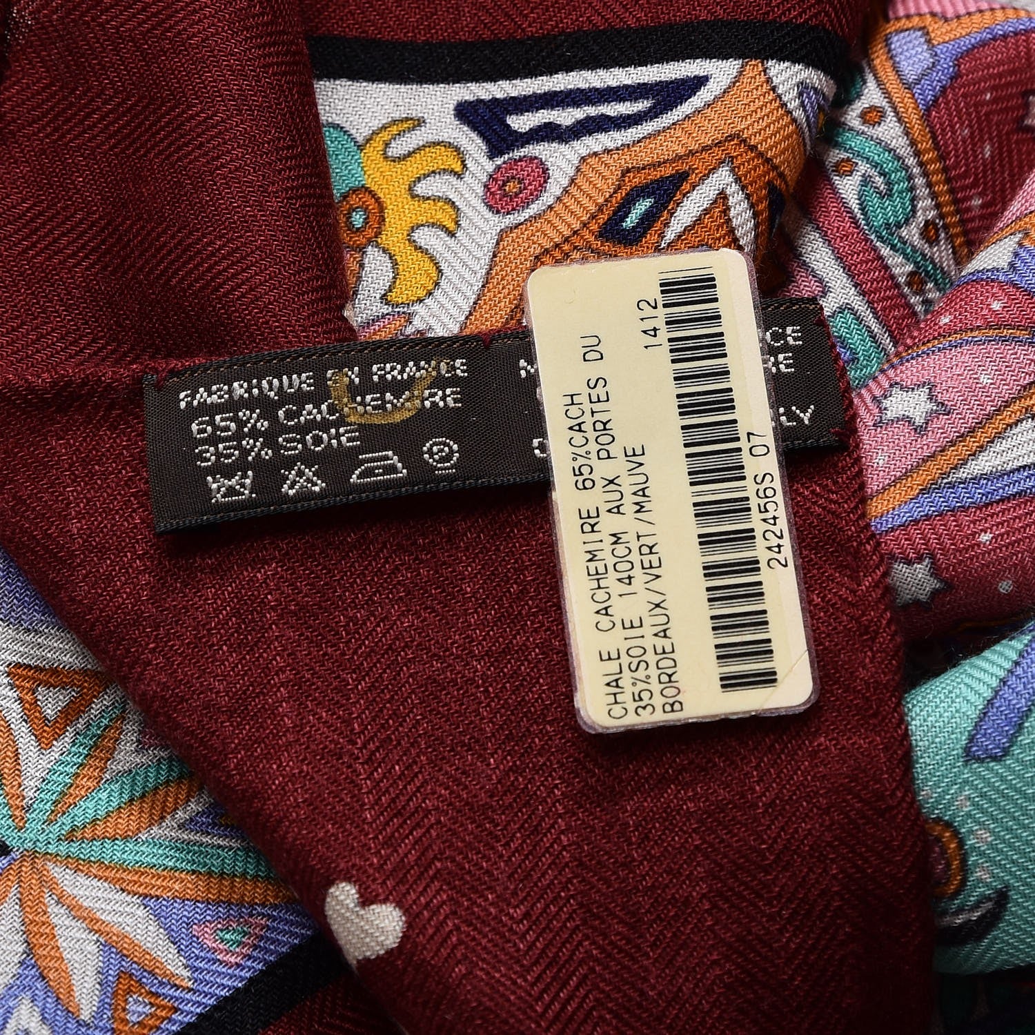 Hermes Cashmere Silk Aux Portes Du Palais Shawl 140 Bordeaux Vert Mauve 3 of 5