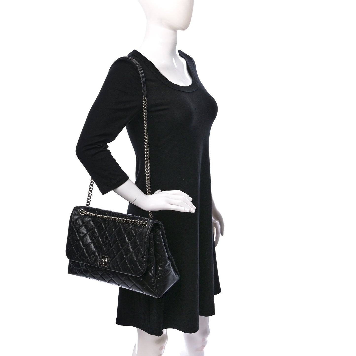 Glazed Calfskin Quilted Large Lady Pearly Flap Black
