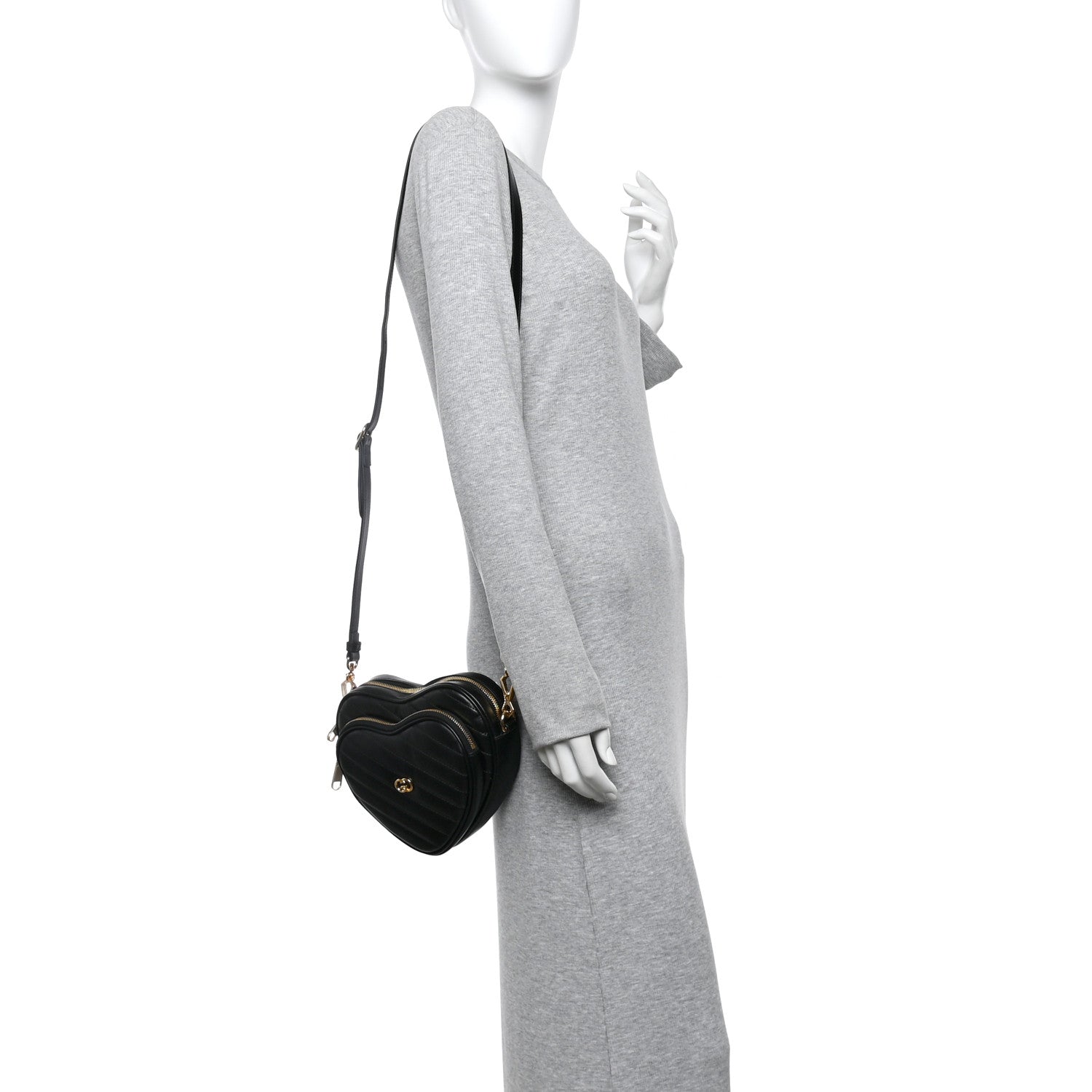 Gucci Calfskin Matelasse Diagonal Mini Interlocking G Heart Shoulder Bag Black 2 of 10