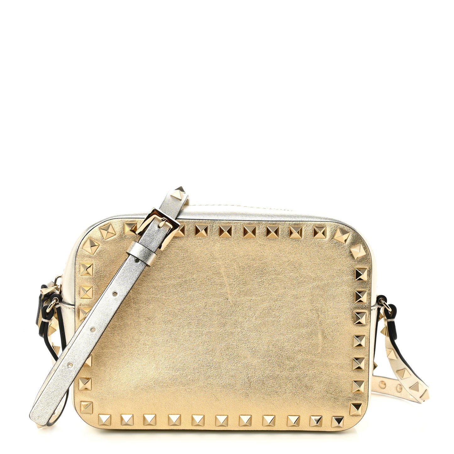 Metallic Calfskin Rockstud Camera Crossbody Bag Gold