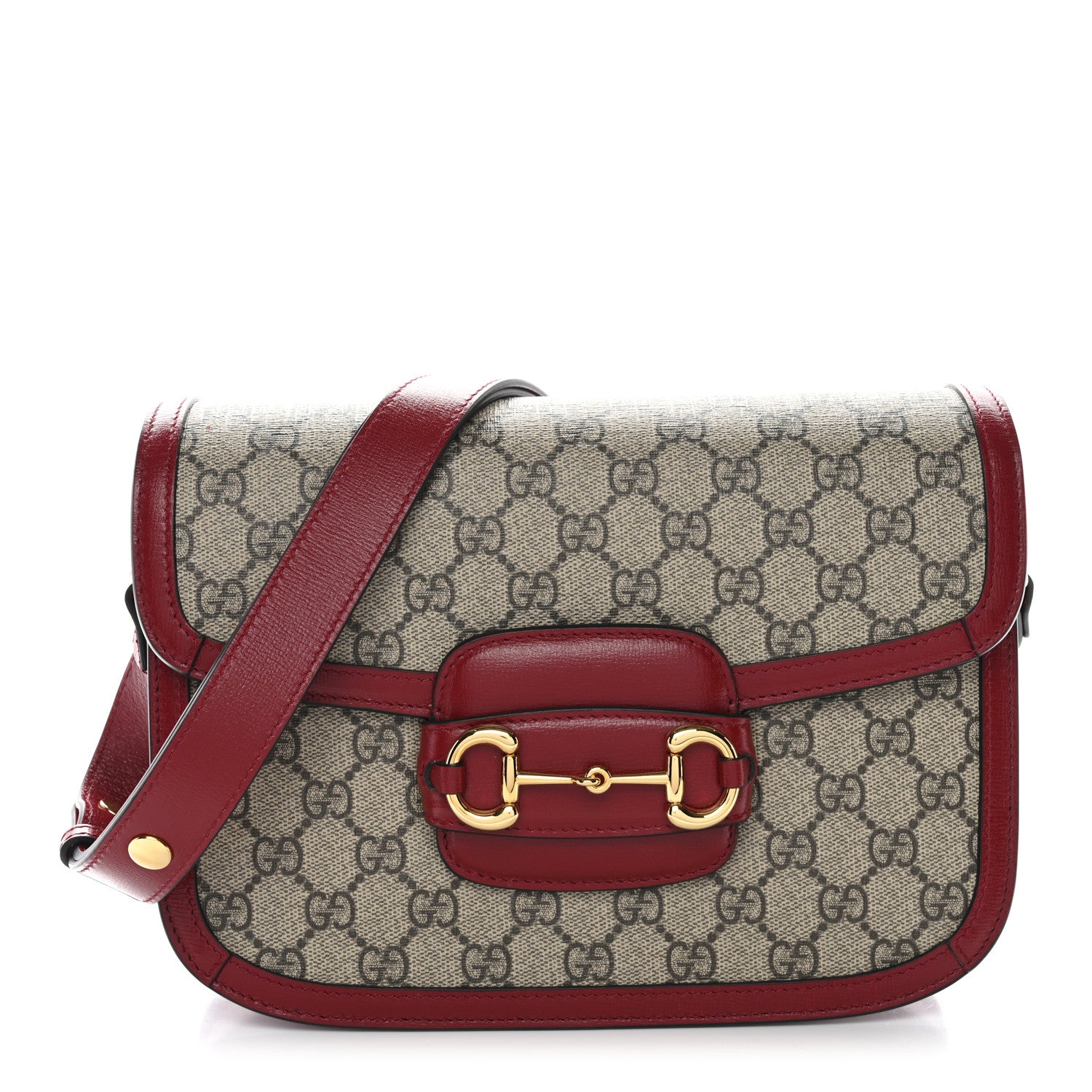 Gucci GG Supreme Monogram Azalea Calfskin Horsebit 1955 Shoulder Bag Beige Ebony New Cherry Red 1 of 10