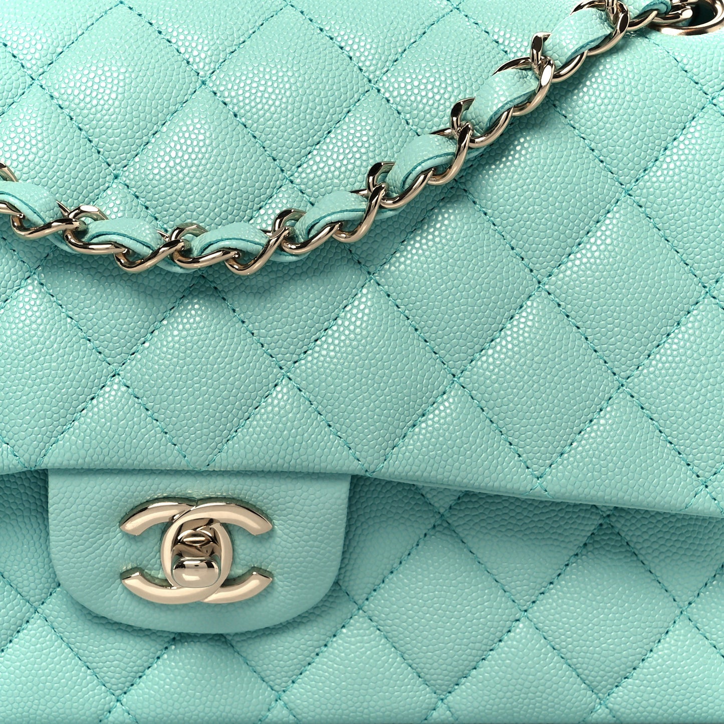 Caviar Quilted Medium Double Flap Light Blue
