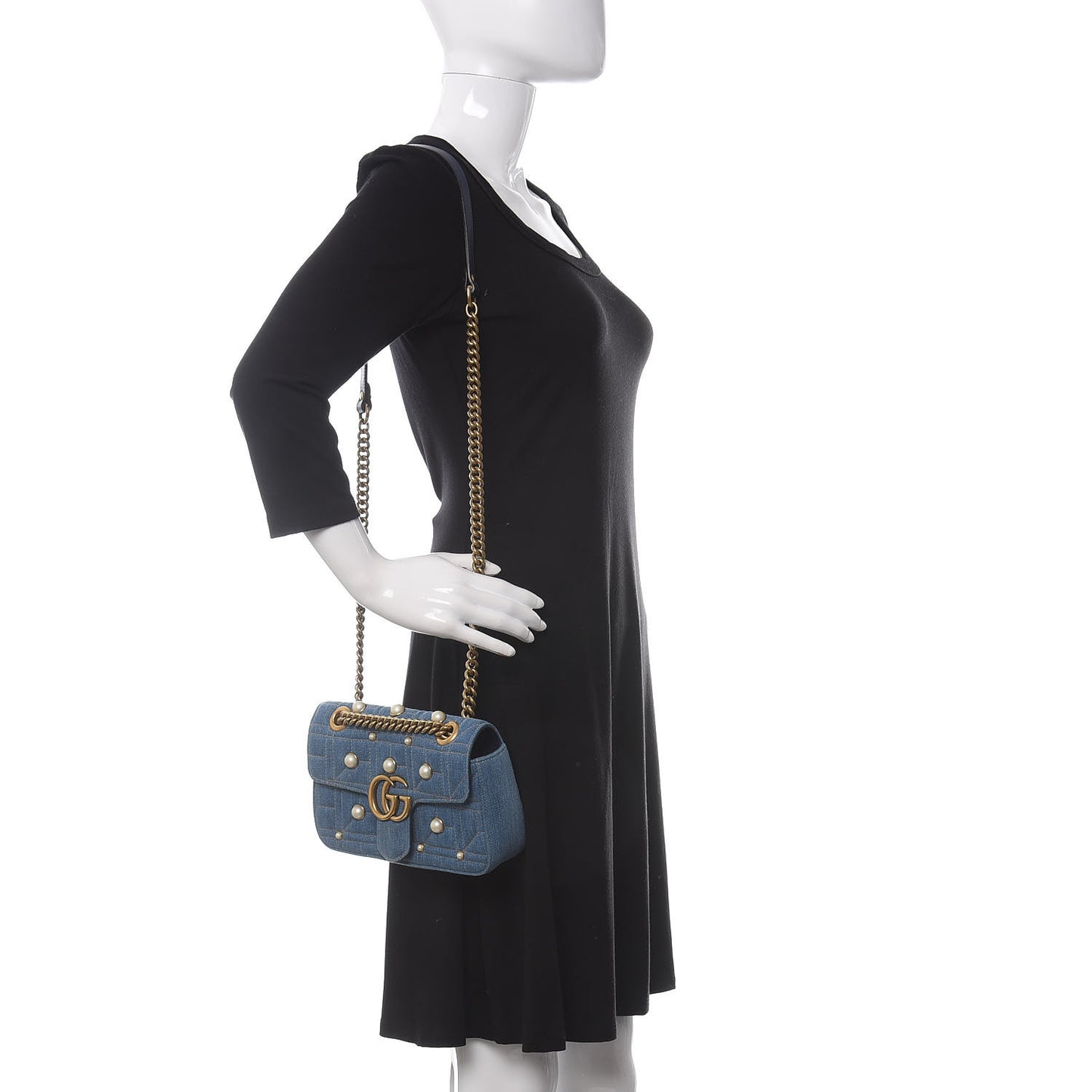 Denim Matelasse Pearl Studded Mini GG Marmont Shoulder Bag Blue