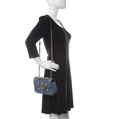 Gucci Denim Matelasse Pearl Studded Mini GG Marmont Shoulder Bag Blue 2 of 11