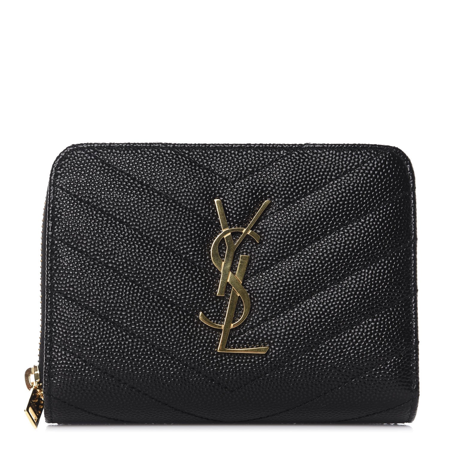 Saint Laurent Grain De Poudre Matelasse Chevron Monogram Compact Zip Around Wallet Black 1 of 8