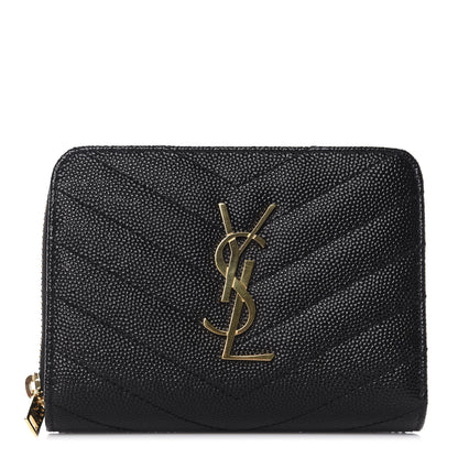 Saint Laurent Grain De Poudre Matelasse Chevron Monogram Compact Zip Around Wallet Black 1 of 8