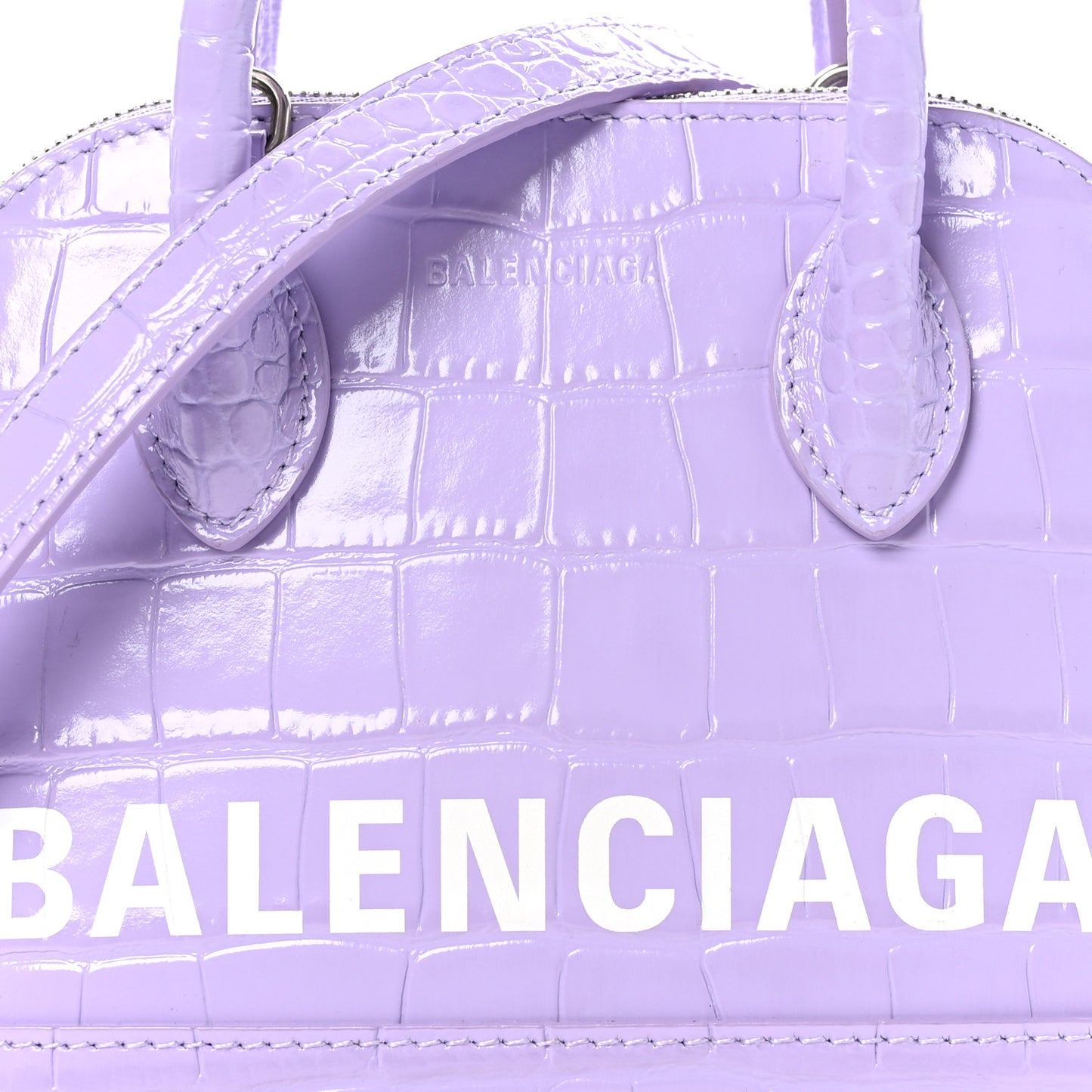 Shiny Calfskin Logo Crocodile Embossed XXS Ville Top Handle Bag Lilac White