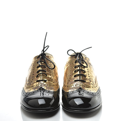 Chanel Fantasy Patent Calfskin Lace Up Oxfords 38 Gold Black 2 of 8