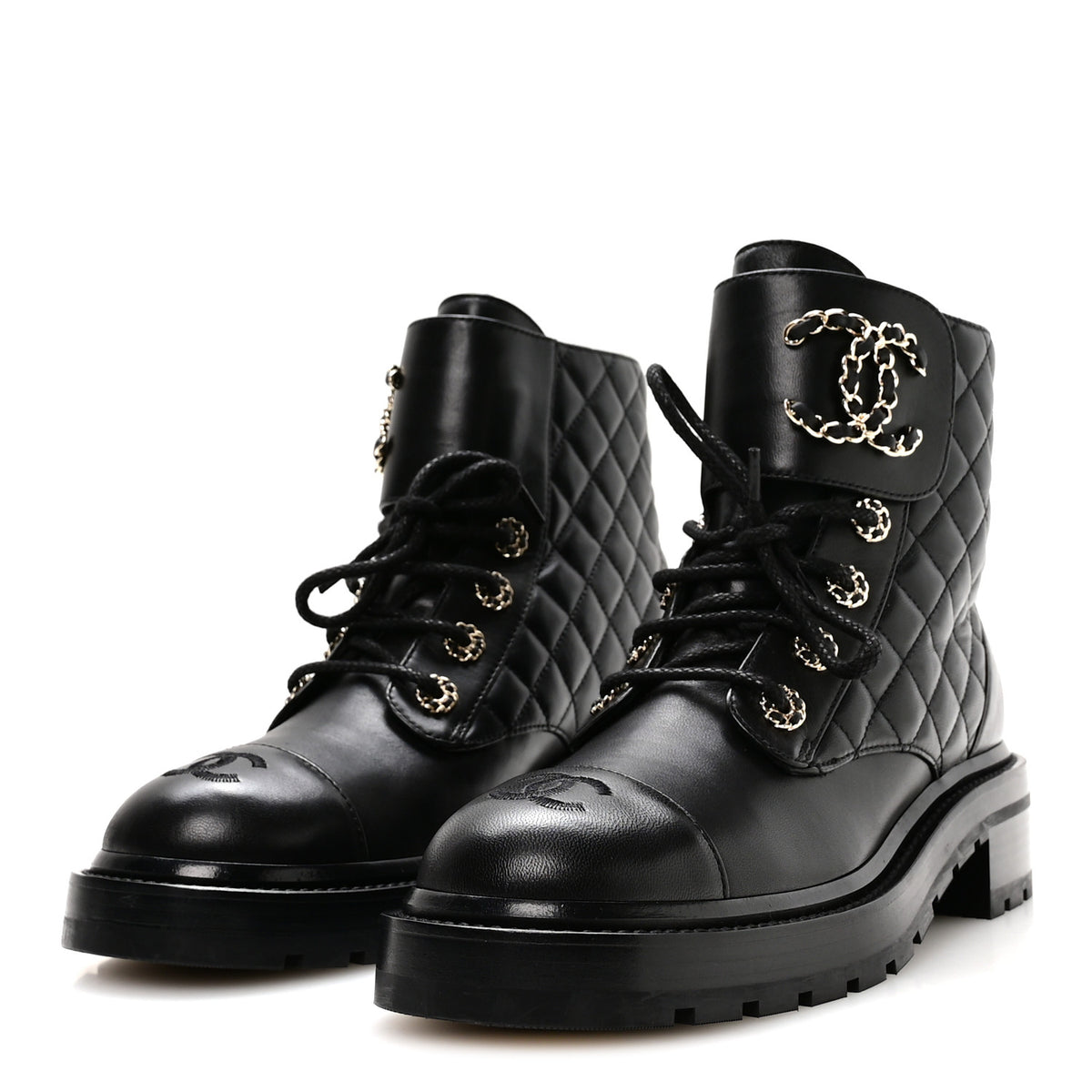 Shiny Lambskin Quilted Lace Up Combat Boots 38.5 Black
