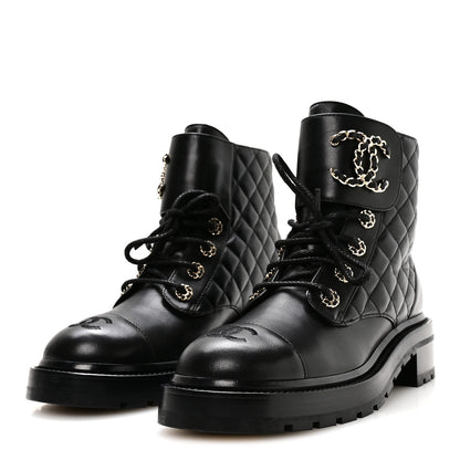 Chanel Shiny Lambskin Quilted Lace Up Combat Boots 38.5 Black 4 of 9