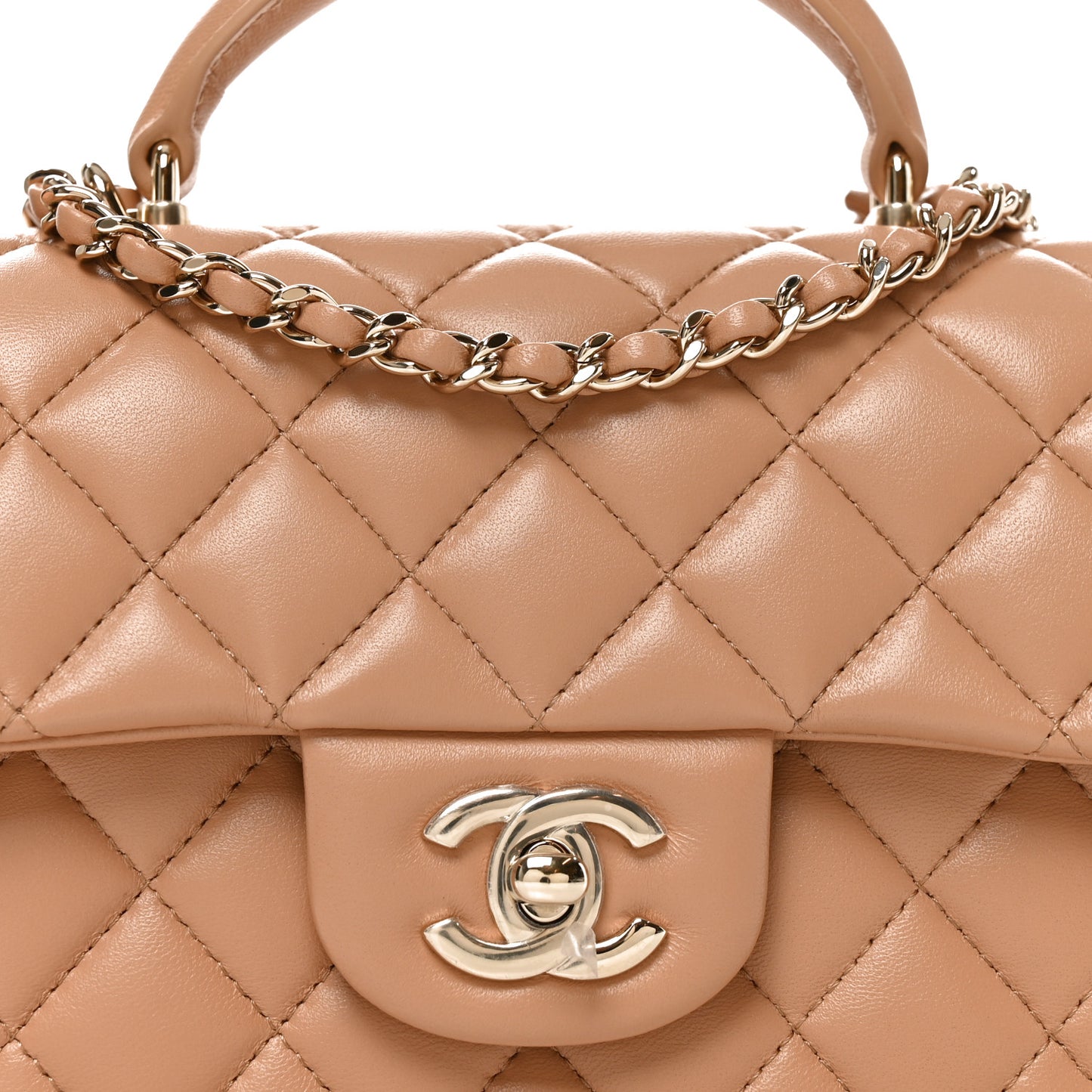Lambskin Quilted Mini Top Handle Rectangular Flap Dark Beige