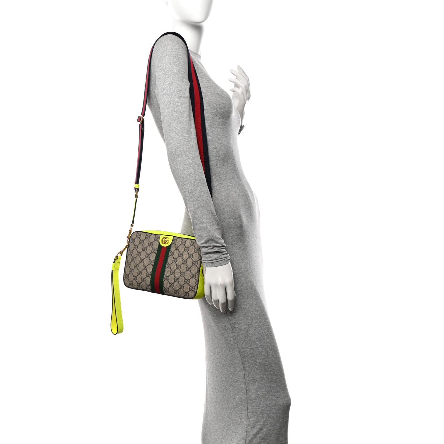 GG Supreme Monogram Textured Dollar Calfskin Web Ophidia Wristlet Shoulder Bag Beige Ebony Yellow