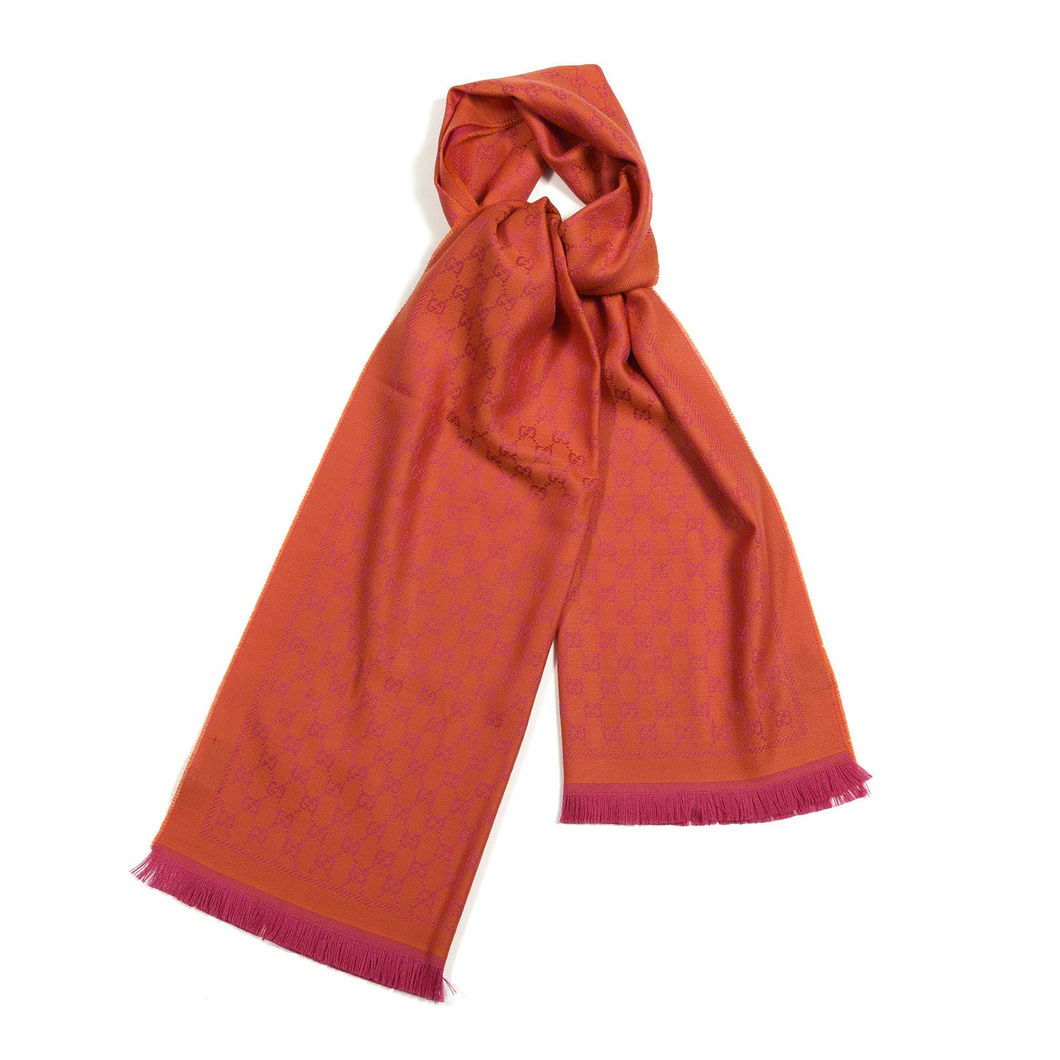 Gucci Wool GG Monogram Reversible New Sten Fringe Scarf Orange Pink 1 of 5