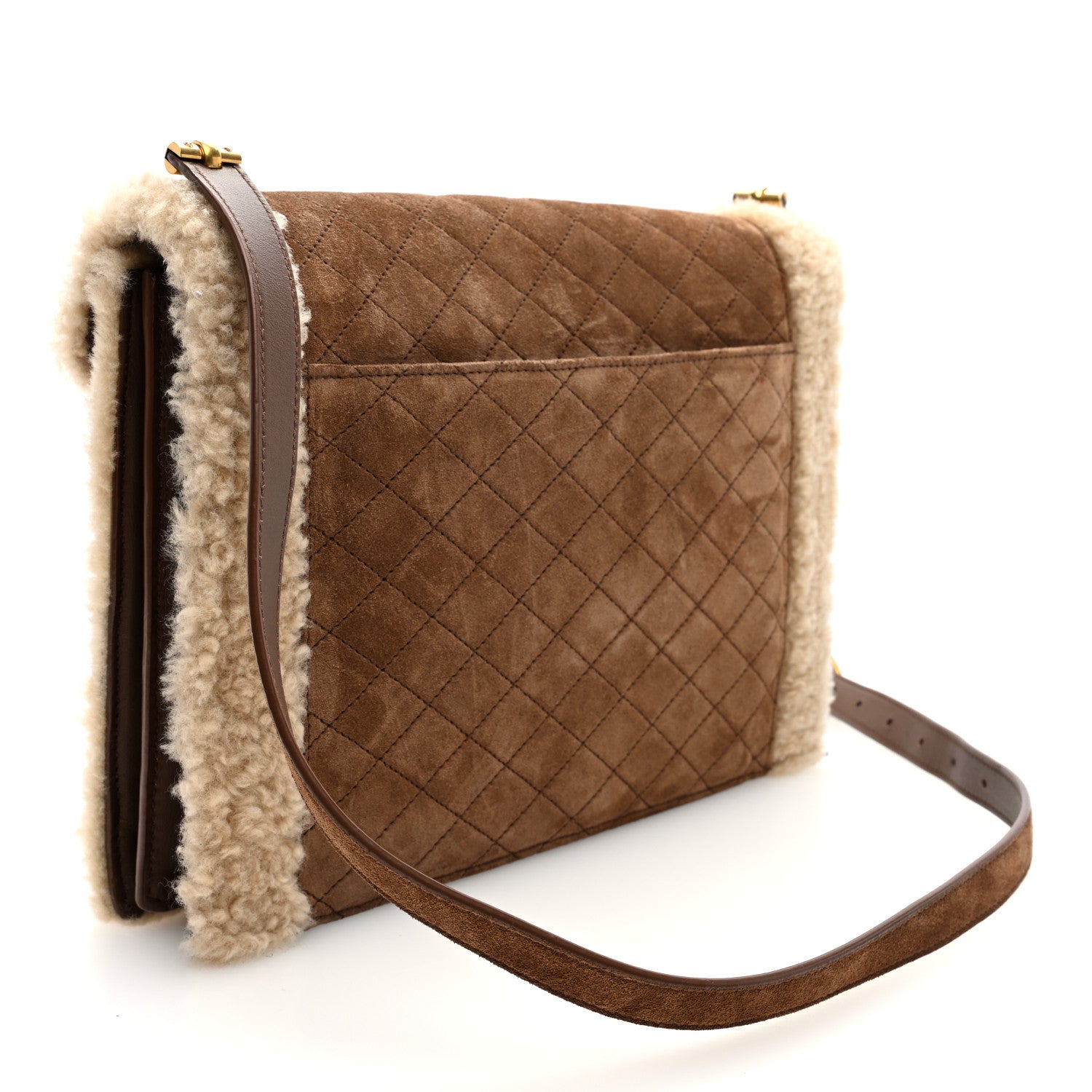 Saint Laurent Nubuck Shearling Quilted Medium Gaby Satchel Natural Tan 3 of 10