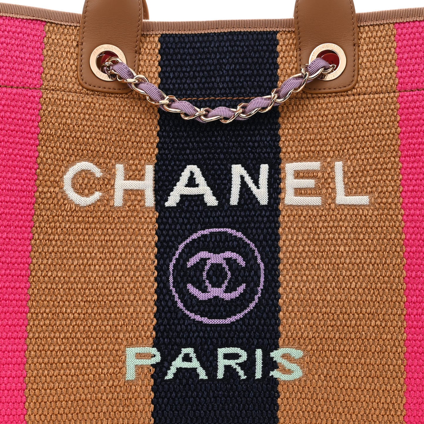Straw Raffia Calfskin Striped Medium Deauville Tote Dark Beige Fuchsia Navy Blue