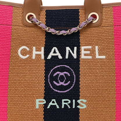 Chanel Straw Raffia Calfskin Striped Medium Deauville Tote Dark Beige Fuchsia Navy Blue 8 of 10