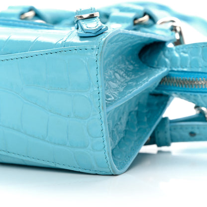 Balenciaga Calfskin Crocodile Embossed Neo Classic Silver Hardware Nano City Crossbody Azur 9 of 15