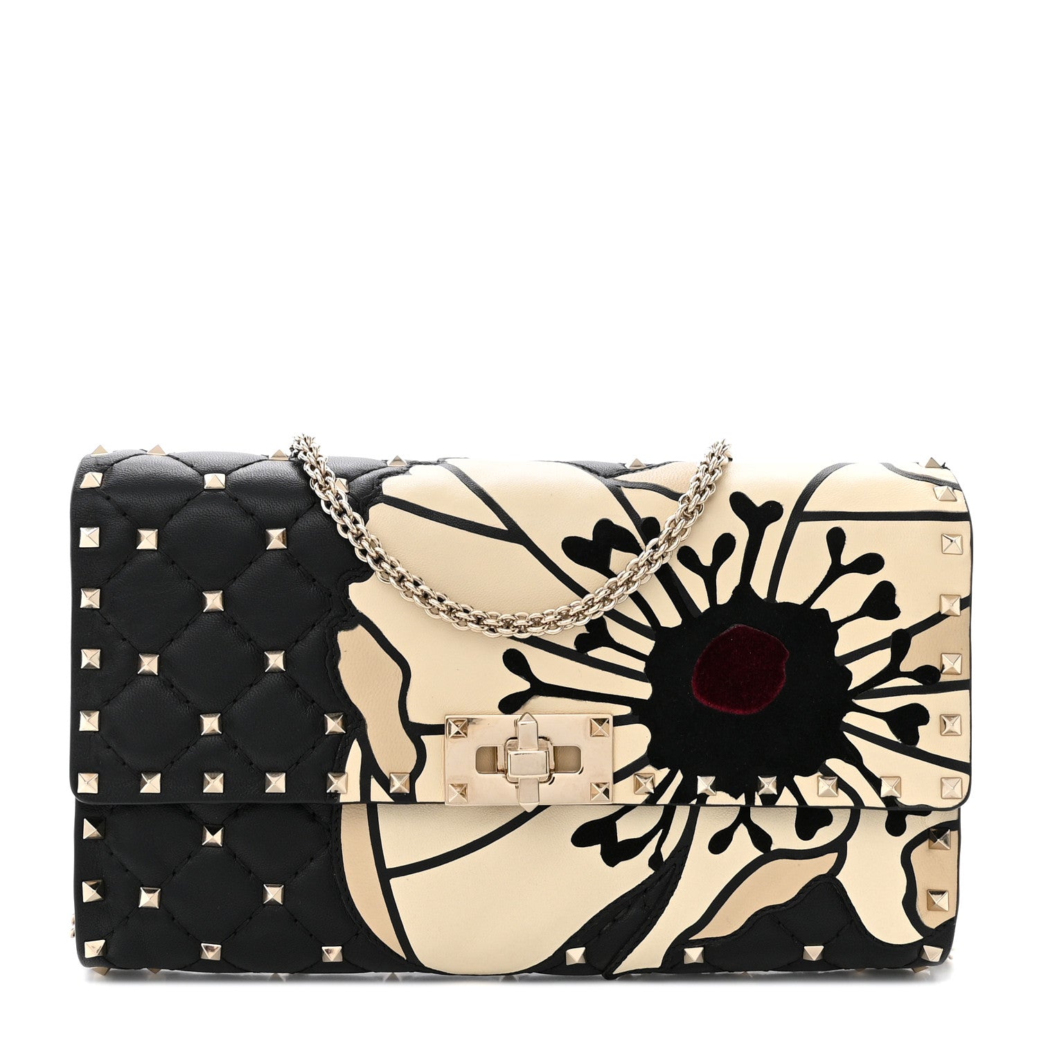 Valentino Garavani Nappa Rockstud Spike Flower Wallet on Chain Black Ivory 1 of 11