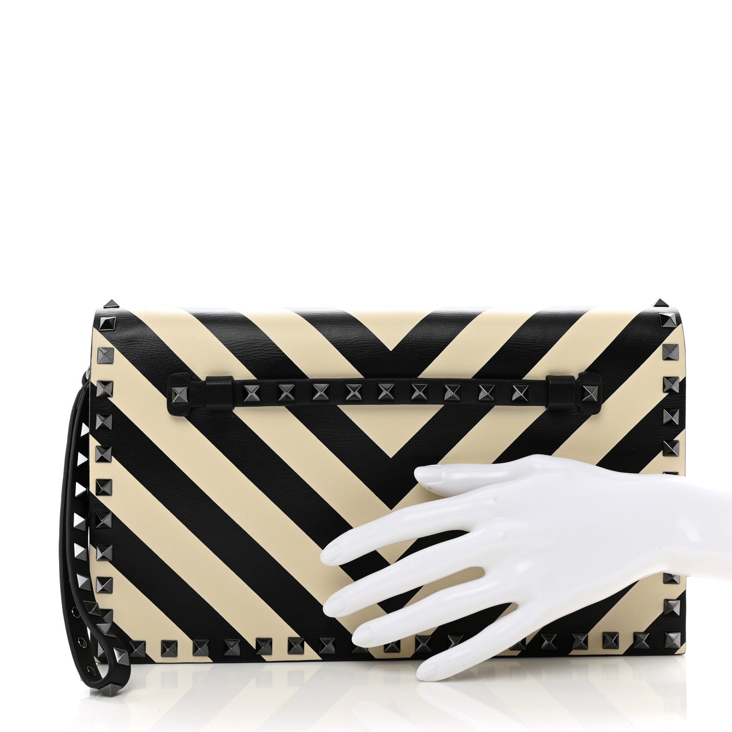 Valentino Garavani Nappa Chevron Striped Rockstud Wristlet Clutch Light Ivory Black 2 of 6
