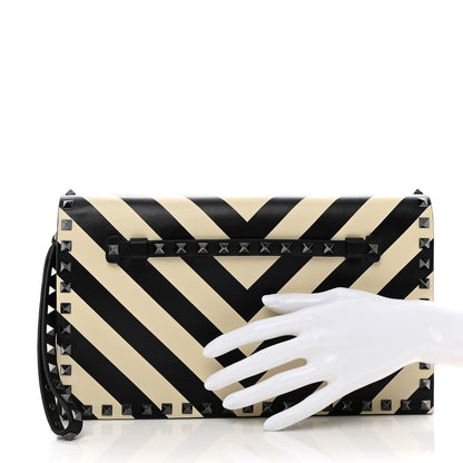 Valentino Garavani Nappa Chevron Striped Rockstud Wristlet Clutch Light Ivory Black 2 of 6